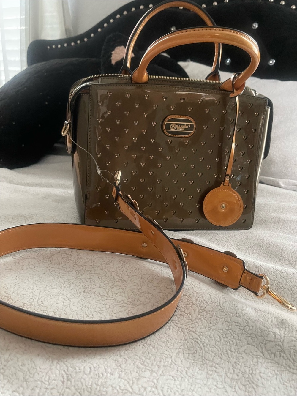 Brangio Italy Glossy Tan Satchel Handbag with Accents very Brighton style - Picture 4 of 8